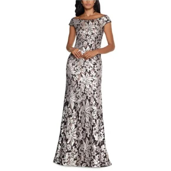 XSCAPE Sequined Off the Shoulder Evening Gown Black and Gold Size 6 Formal Dress - Picture 11 of 13